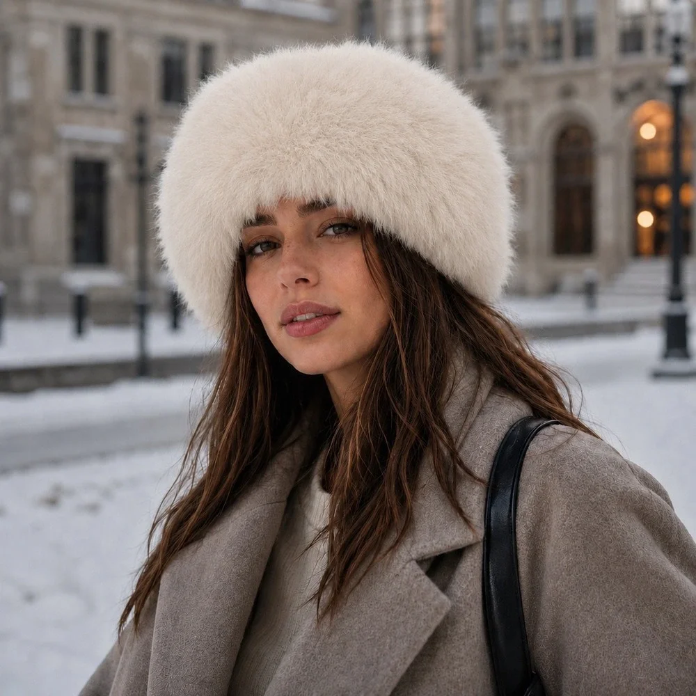 Handcrafted Alpaca Fur Cossack Hat Ivory Black Women Girls Winter Peruvian Soul